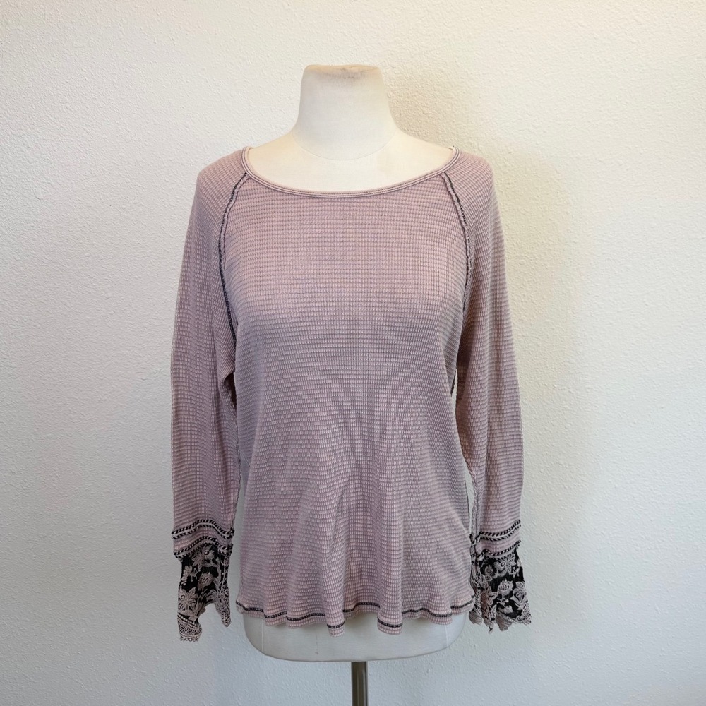 Soft Surroundings Waffle Knit Thermal Top Petite Large Lace Long Sleeve Boho‎